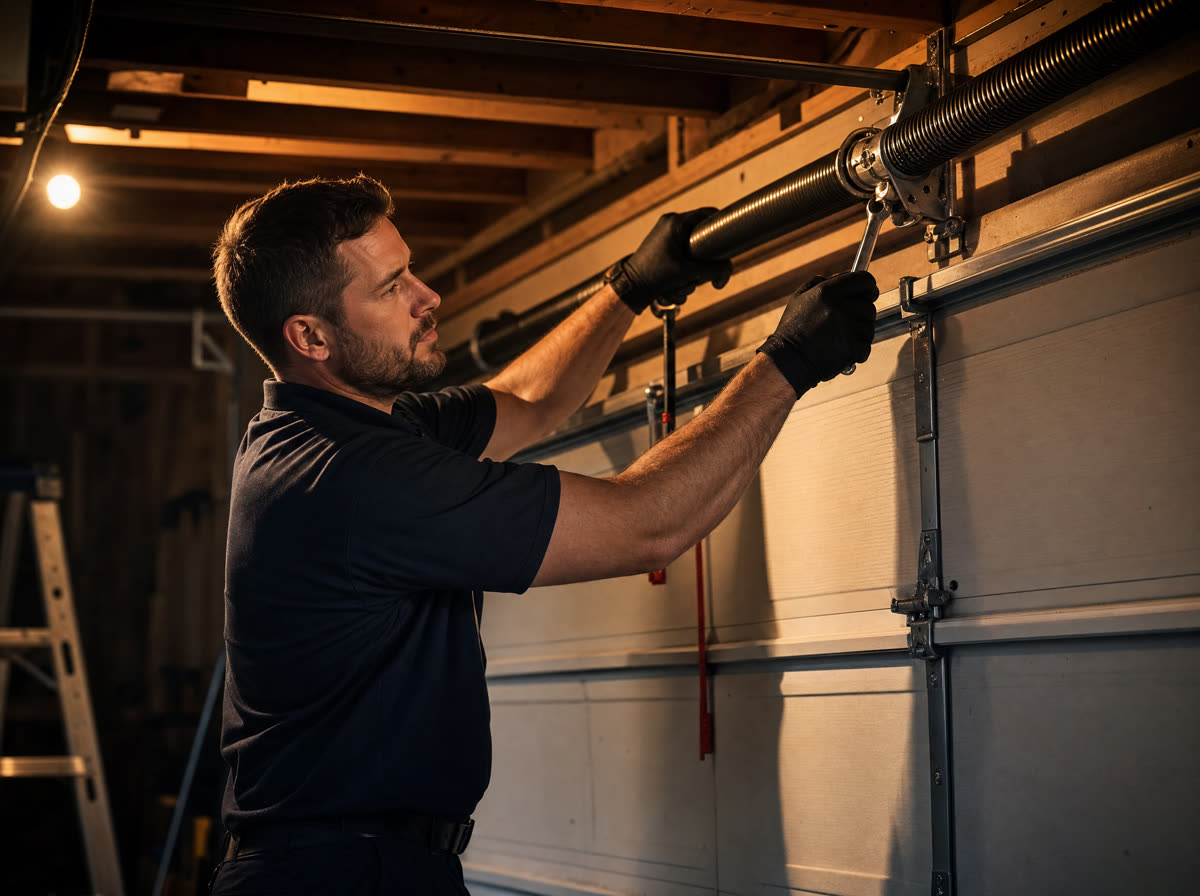 Garage Door Rescue technician installing a new torsion spring